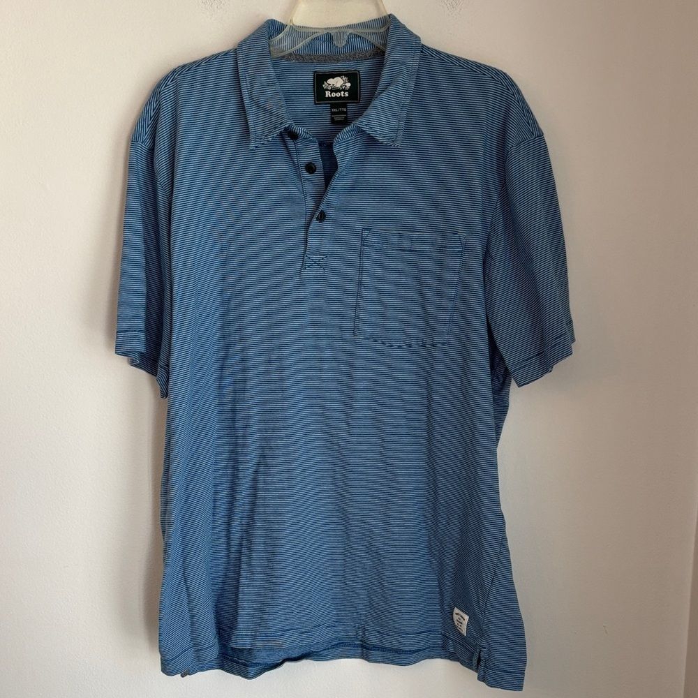 Roots Men’s 100% cotton Striped Blue Polo Shirt Classic comfortable XXL 2XL EUC